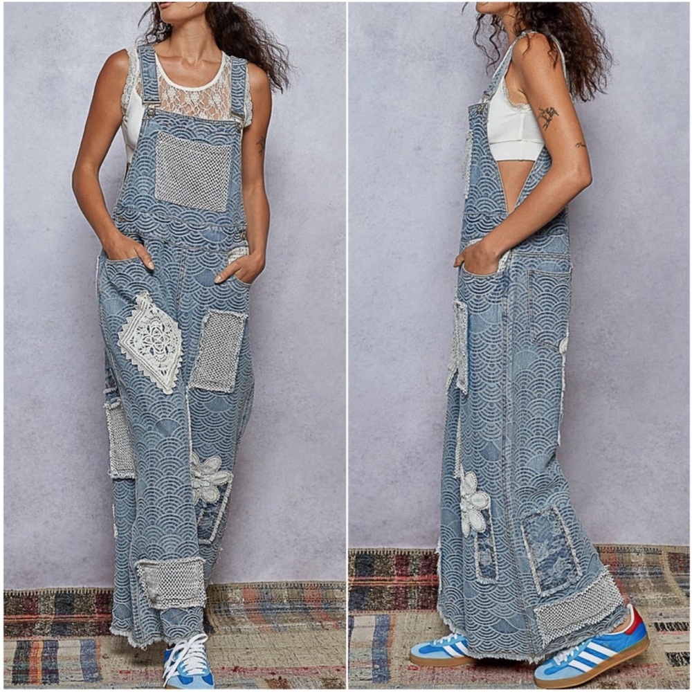 POL Boho Light Wash Crochet Floral Patch Wide Leg Denim Overalls Jumpsuit S M L - Picture 2 of 3